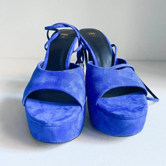 Zara Suede Blue High  Heel Platform Open Tie Tie Ankle Heels 40 - Picture 3 of 8